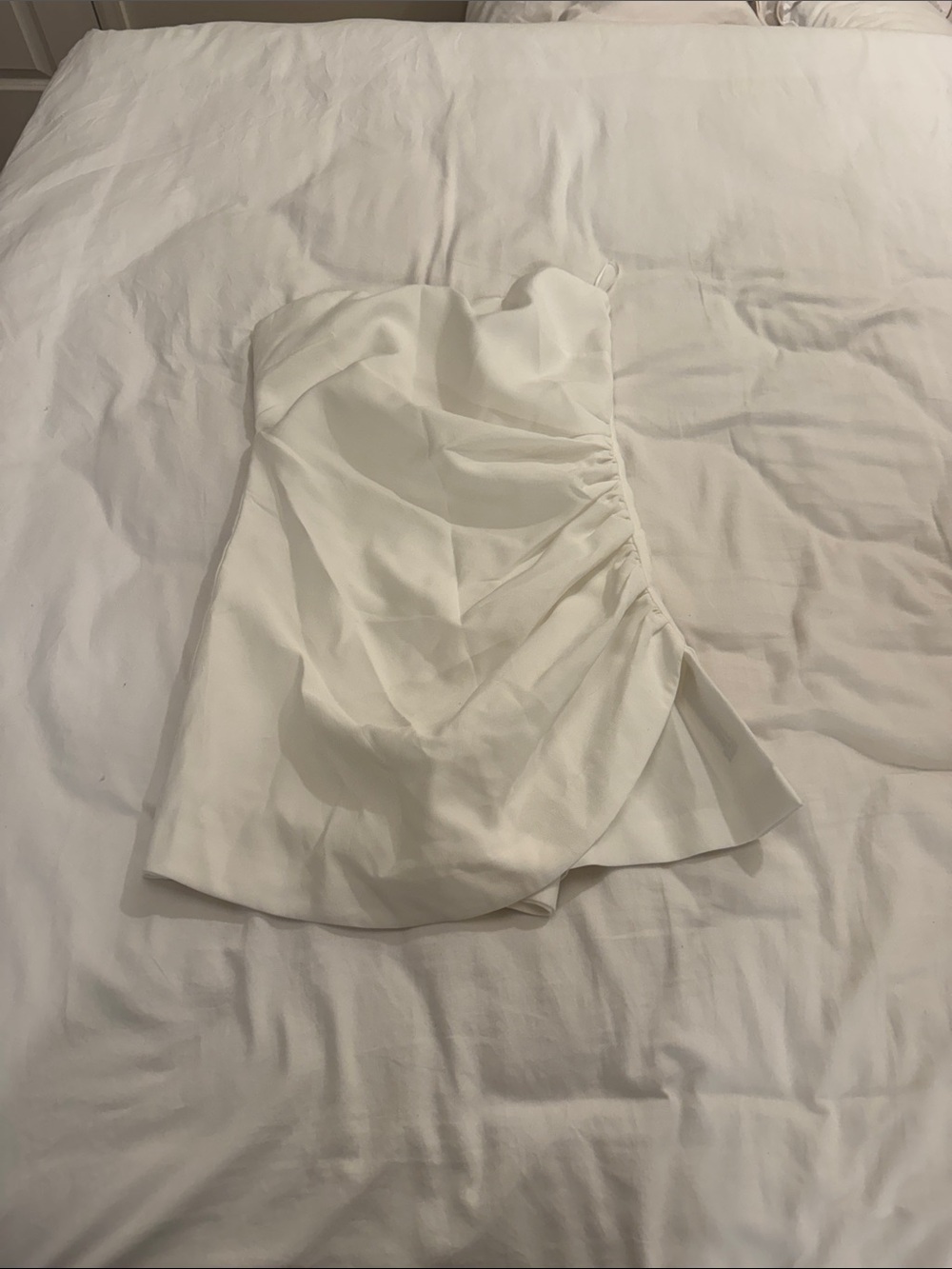White Strapless Ruched Mini Dress